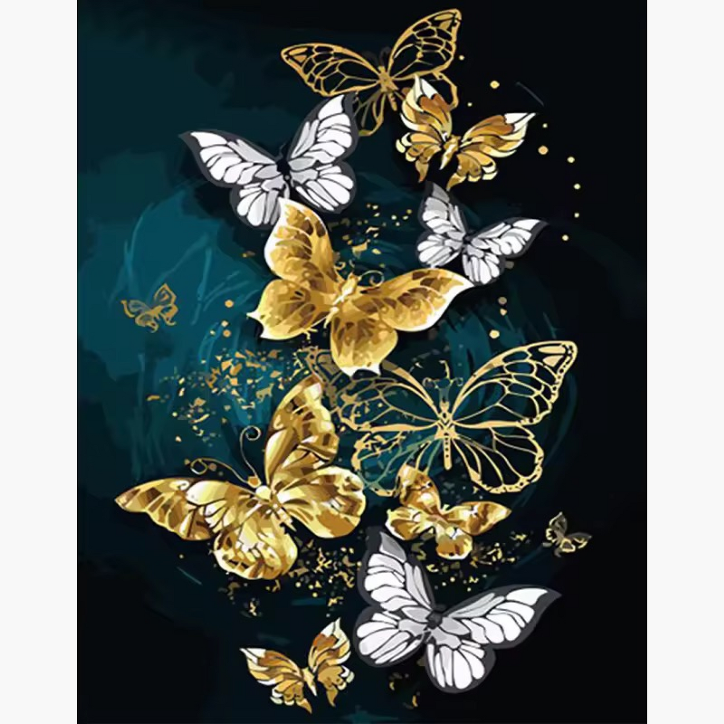a mesmerizing design of golden and white butterflies against a dark background with sparkling accents