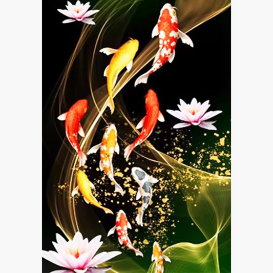 vibrant koi swimming gracefully with golden accents and blooming lotus flowers on a dark background