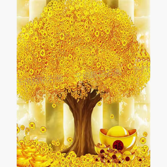 a glowing golden tree filled with lucky coins and treasures