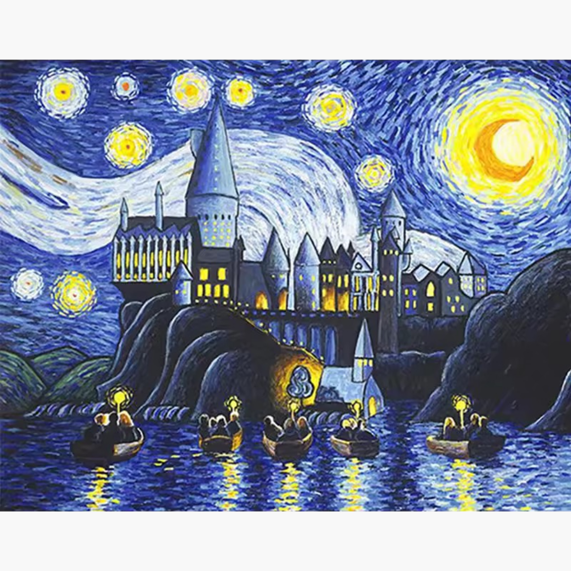 a glowing castle on a hill, surrounded by swirling stars and a crescent moon, with boats gently floating on the water below