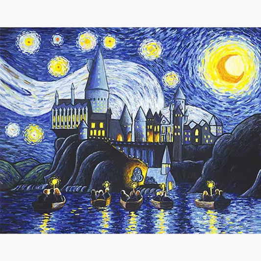 a glowing castle on a hill, surrounded by swirling stars and a crescent moon, with boats gently floating on the water below