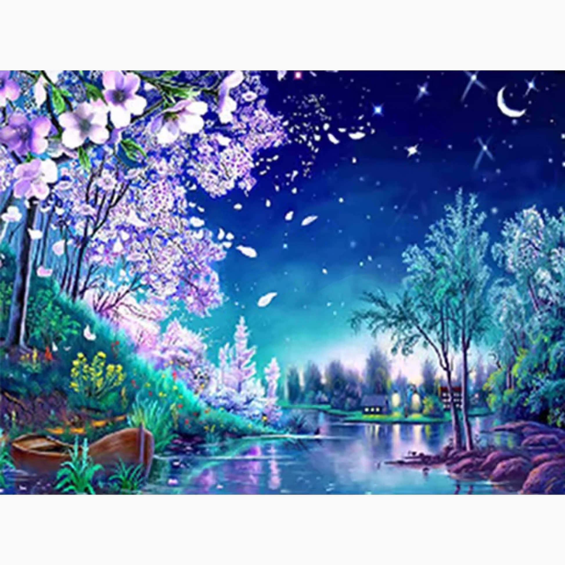 a serene lake under a starry sky and crescent moon, surrounded by glowing trees and blooming flowers