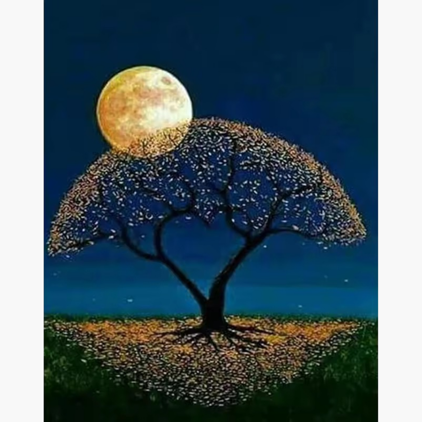 a glowing tree under a full moon