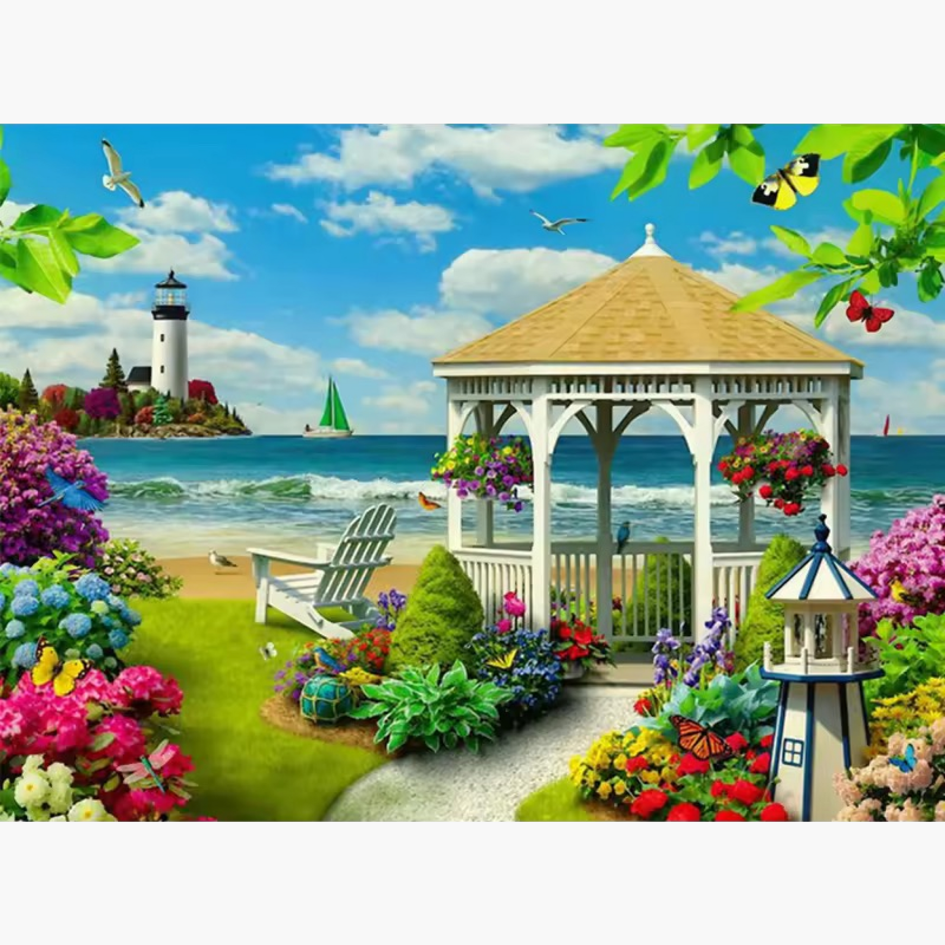 a charming white gazebo surrounded by colorful flowers, a lighthouse, and sailboats in the distance