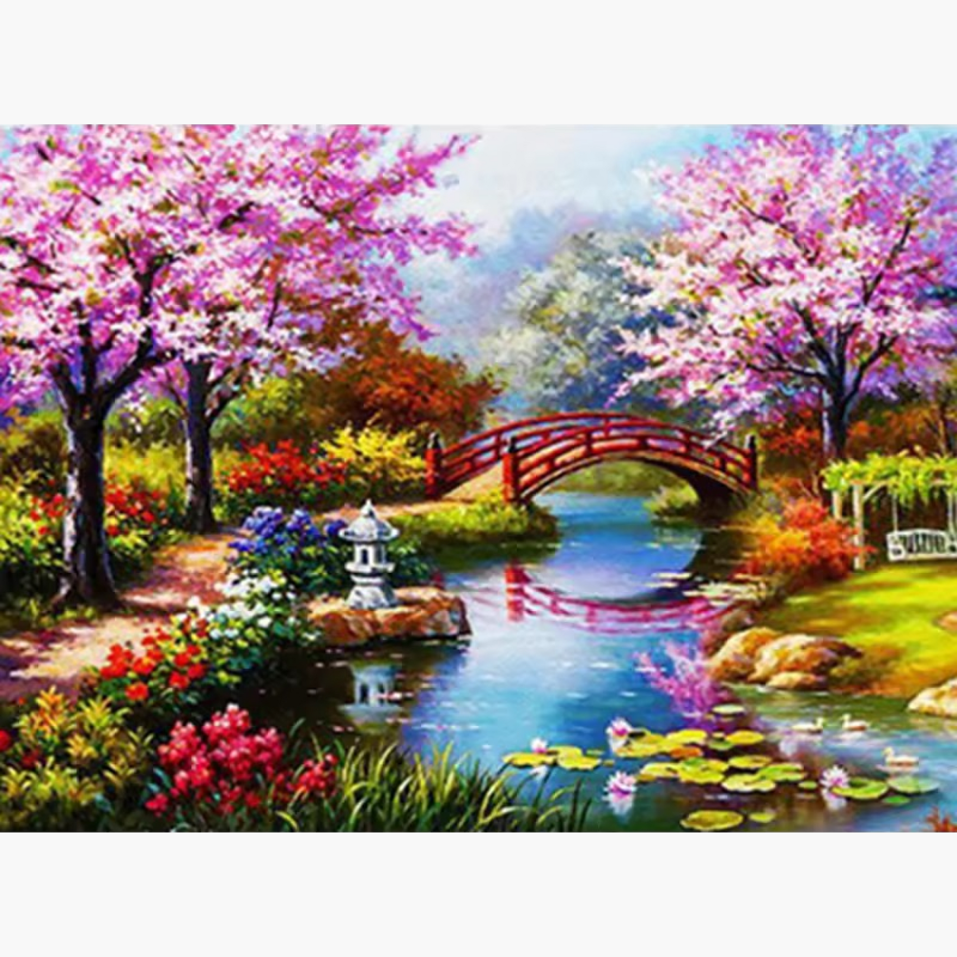 Cherry blossom trees, a red wooden bridge over a calm pond, and vibrant flowers