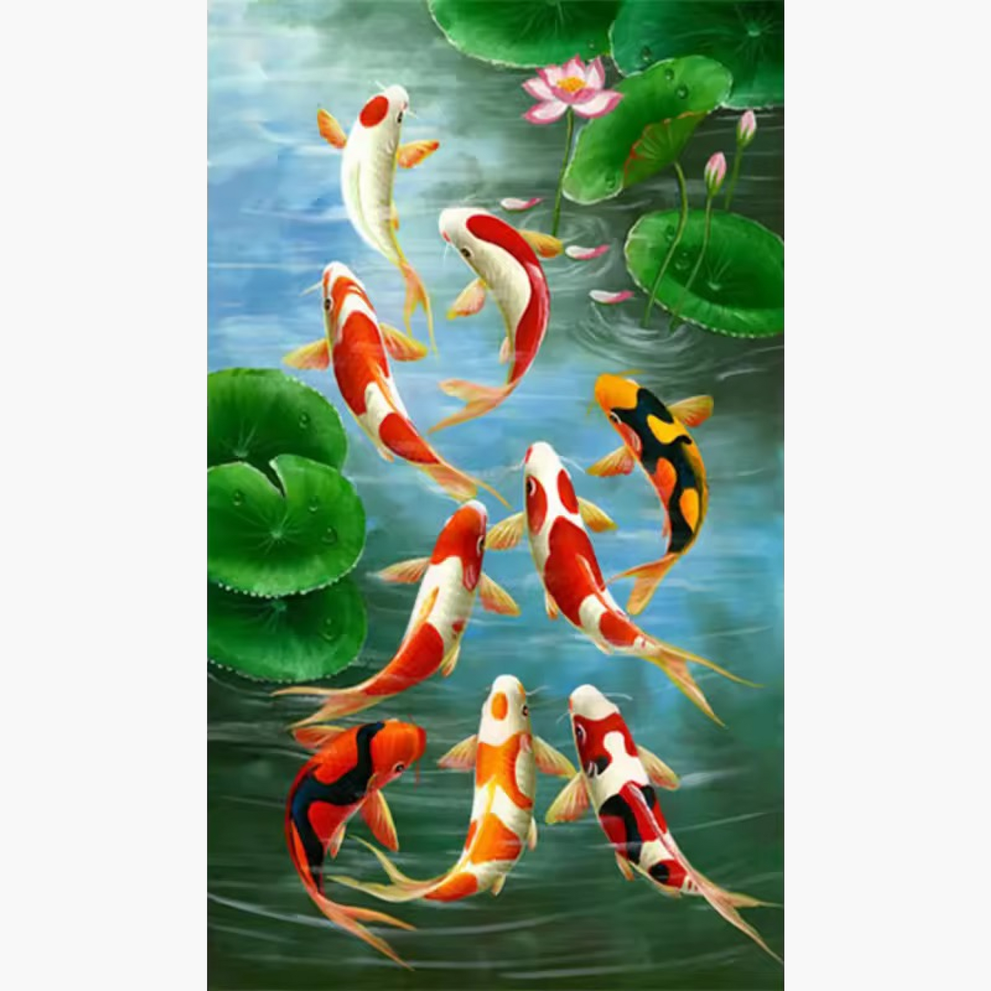 colorful koi fish swimming gracefully in a calm pond with lily pads and blooming lotus flowers