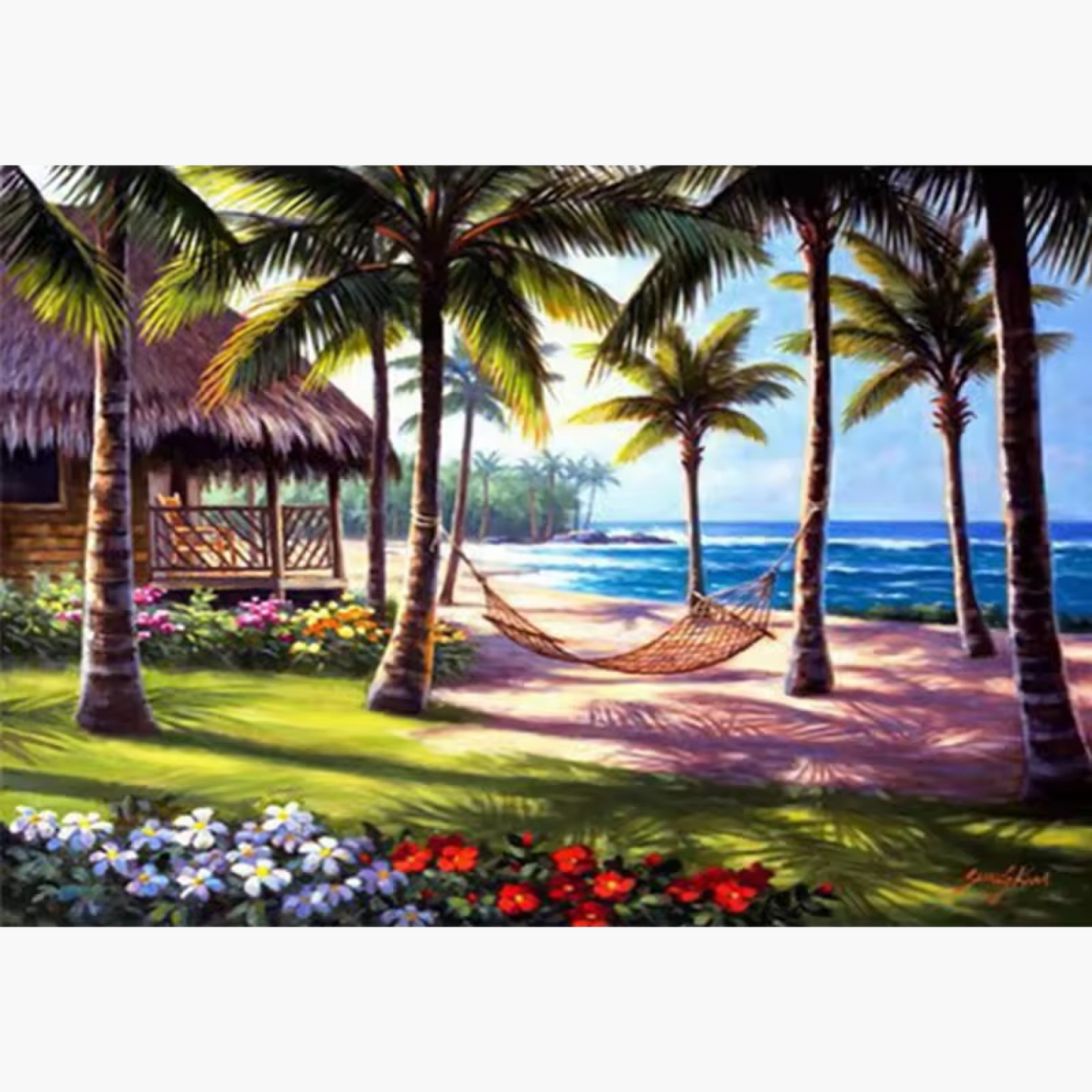 a cozy hammock under swaying palm trees by the beach, a wooden cottage, colorful flowers, and crystal-blue waves