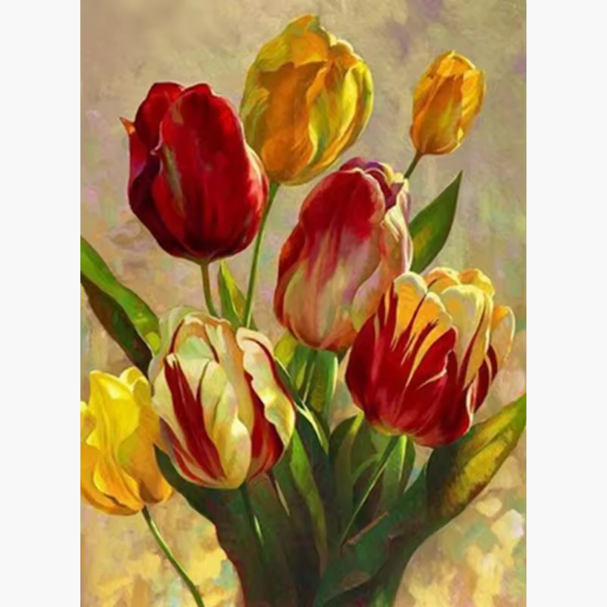 a bouquet of vibrant tulips in red, yellow, and orange shades